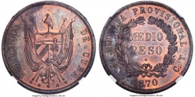 Provisional Republic copper Proof Pattern 1/2 Peso 1870 P-CT PR62 Red and Brown NGC, Potosi mint, KM-X4a. A scarce Pattern issue with hues of magenta ...