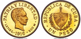 Republic gold Proof Peso 1916 PR67 Deep Cameo PCGS, Philadelphia mint, KM16, Fr-7. Mintage: 100. A true gem whose near-immaculate golden fields only s...
