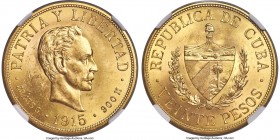 Republic gold 20 Pesos 1915 MS62 NGC, Philadelphia mint, KM21. A lustrous and bold representative of this popular Cuban type. AGW 0.9675 oz.

HID09801...