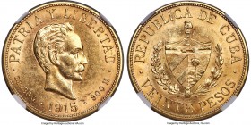 Republic gold 20 Pesos 1915 MS61 NGC, Philadelphia mint, KM21. A brilliant selection of the type, highly collectible in Mint State condition. 

HID098...