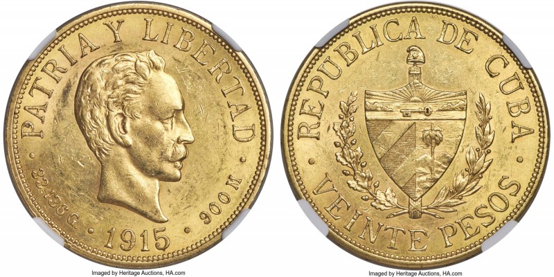 Republic gold 20 Pesos 1915 AU58 NGC, Philadelphia mint, KM21. Lustrous and sati...