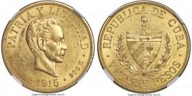 Republic gold 20 Pesos 1915 AU58 NGC, Philadelphia mint, KM21. Lustrous and satiny, a near-lack of any discernible wear placing the offering at the cu...