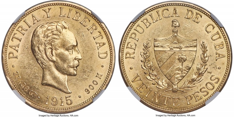 Republic gold 20 Pesos 1915 AU55 NGC, Philadelphia mint, KM21. Lustrous in the l...