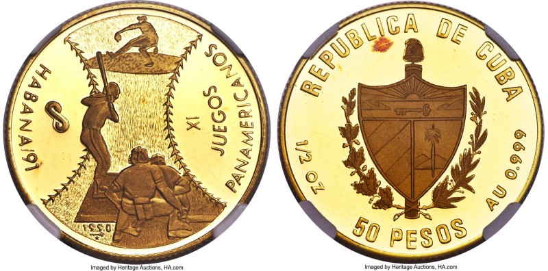 Republic gold Proof "XI Pan-American Games - Baseball" 50 Pesos 1990 PR68 Ultra ...