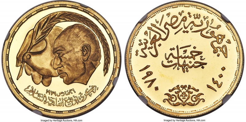 Arab Republic gold Proof "Egyptian-Israeli Peace Treaty" 5 Pounds AH 1400 (1980)...