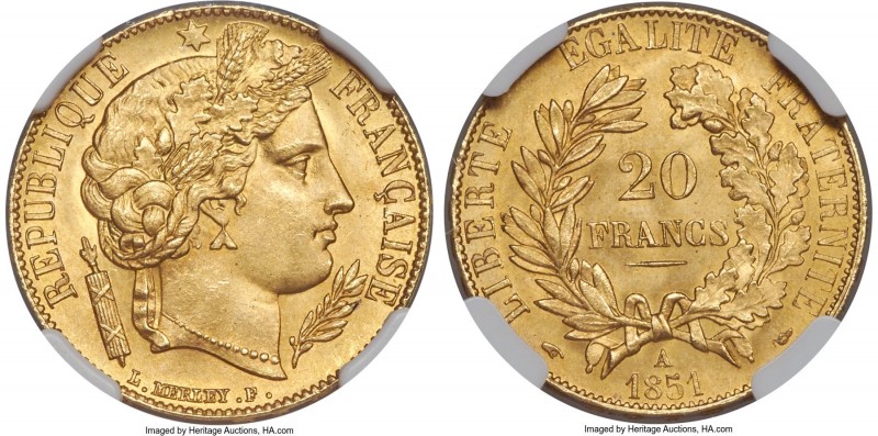 Republic gold 20 Francs 1851-A MS67 NGC, Paris mint, KM762, Fr-566. A practicall...