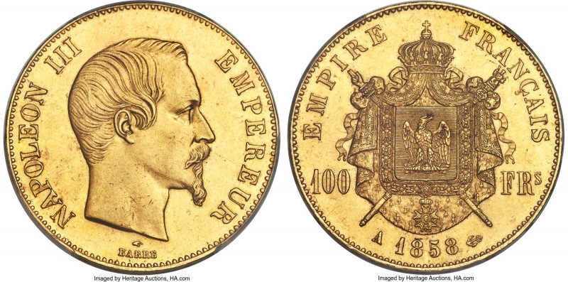 Napoleon III gold 100 Francs 1858-A MS62 PCGS, Paris mint, KM786.1, Gad-1135. Sl...