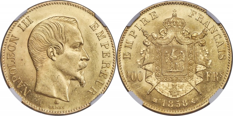 Napoleon III gold 100 Francs 1858-BB MS62 NGC, Strasbourg mint, KM786.2, Fr-570,...