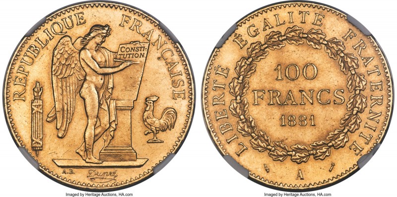 Republic gold 100 Francs 1881-A MS63 NGC, Paris mint, KM832, Fr-590, Gad-1137. A...