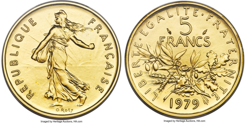 Republic gold Specimen Piefort 5 Francs 1979 SP69 PCGS, KM-P646. From a tiny min...