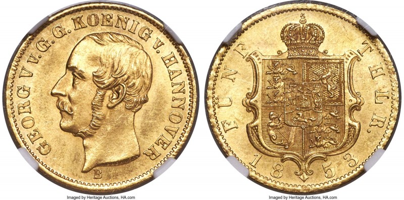 Hannover. Georg V gold 5 Taler 1853-B MS65 NGC, Hannover mint, KM224, Fr-1180. W...