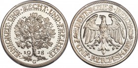 Weimar Republic Proof "Oak Tree" 5 Mark 1928-G PR67 Deep Cameo PCGS, Karlsruhe mint, KM56, J-331. A jewel selection of this normally readily available...