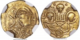 Early Anglo-Saxon. Post-Crondall Period gold Thrymsa ND (655-675) AU53 NGC, S-767, N-20 (VR), Metcalf-79-80, EMC-2019.0002 (this coin). 1.02gm. Two Em...