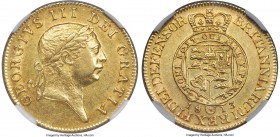 George III gold "Military" Guinea 1813 AU55 NGC, KM664, S-3730. Produced to pay troops fighting in the Napoleonic Wars, just 80,000 of this final-year...
