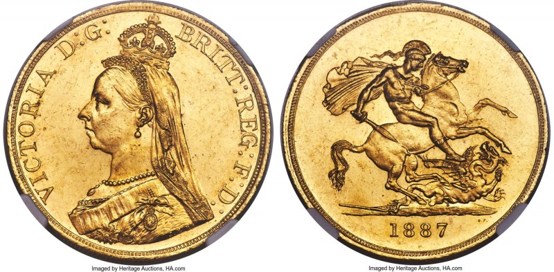 Victoria gold 5 Pounds 1887 MS62 NGC, KM769, S-3864. An attractive example of th...