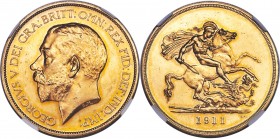 George V gold Proof 5 Pounds 1911 PR61 NGC, KM822, S-3994. From a mintage of only 2,812 pieces. An impressive example of this Proof-only issue, wisps ...