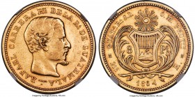 Republic gold 8 Pesos 1864-R AU55 NGC, Guatemala mint, KM184, Fr-33. A notably scarcer issue within the Guatemalan series, seeing just 474 examples st...