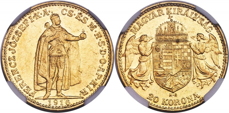 Franz Joseph I gold 20 Korona 1916-KB AU58 NGC, Kremnitz mint, KM495, Fr-259, Hu...