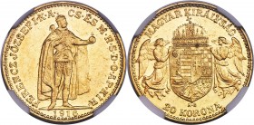 Franz Joseph I gold 20 Korona 1916-KB AU58 NGC, Kremnitz mint, KM495, Fr-259, Husz-2231. Variety with Bosnian arms in shield. A sharp example of this ...