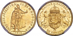 Franz Joseph I gold 20 Korona 1916-KB AU55 NGC, Kremnitz mint, KM495, Fr-259, Husz-2231. Variety with Bosnian arms in shield. Blazing luster decorates...
