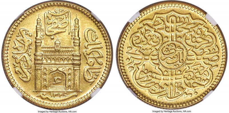 Hyderabad. Mir Usman Ali Khan gold Ashrafi AH 1329 Year 1 (1911) MS63 NGC, Hyder...