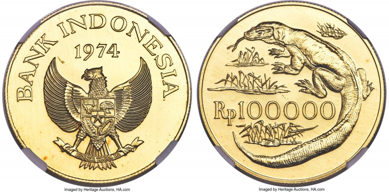 Republic gold "Komodo Dragon" 100000 Rupiah 1974 MS66 NGC, KM41. An solid coin o...