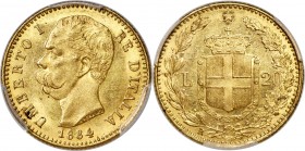 Umberto I gold 20 Lire 1884-R MS64 PCGS, Rome mint, KM21, Pag-580. A scarce date that saw a total of only 9,775 struck, a figure much lower than the a...