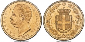Umberto I gold 100 Lire 1883-R MS61 NGC, Rome mint, KM22, Fr-18, Mont-3, Gig-3. Bust of King Umberto I left, with date below. Rev. Crowned arms dividi...