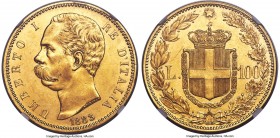 Umberto I gold 100 Lire 1883-R UNC Details (Obverse Graffiti) NGC, Rome mint, KM22, Fr-18. Mintage: 4,219. A luminous representative of a low-mintage ...