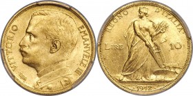 Vittorio Emanuele III gold 10 Lire 1912-R MS65 PCGS, Rome mint, KM47, Fr-29. Mintage: 6,796. The rarest issue of the design-identical 20, 50, and 100 ...
