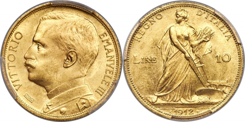 Vittorio Emanuele III gold 10 Lire 1912-R MS64+ PCGS, Rome mint, KM47, Fr-29. A ...