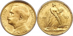 Vittorio Emanuele III gold 10 Lire 1912-R MS64+ PCGS, Rome mint, KM47, Fr-29. A very conditionally scarce issue that saw only 6,796 struck. Satiny and...