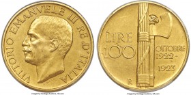 Vittorio Emanuele III gold 100 Lire 1923-R MS62 Matte PCGS, Rome mint, KM65. A popular one-year type, introduced to commemorate the first anniversary ...