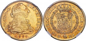 Charles III gold 8 Escudos 1777/6 Mo-FM AU53 NGC, Mexico City mint, KM156.2, Onza-767. Scarce overdate variety. An intensely attractive piece despite ...