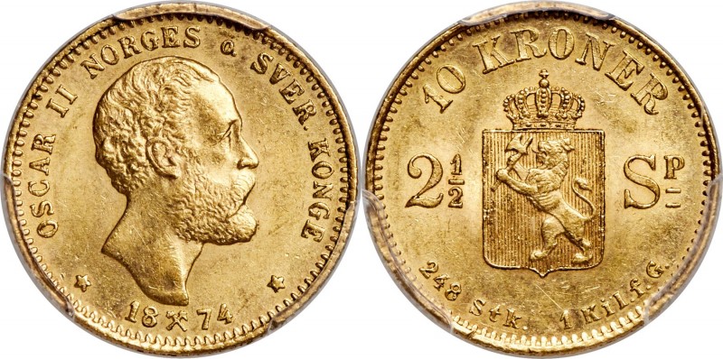 Oscar II gold 10 Kroner (2-1/2 Speciedaler) 1874 MS63 PCGS, Kongsberg mint, KM34...