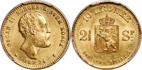 Oscar II gold 10 Kroner (2-1/2 Speciedaler) 1874 MS63 PCGS, Kongsberg mint, KM347, Fr-16. Mintage: 24,000. A superb choice survivor of this one-year t...