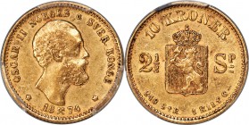 Oscar II gold 10 Kroner (2-1/2 Speciedaler) 1874 AU58 PCGS, KM347, Fr-16. An exceedingly difficult one-year type whose original mintage numbered 24,00...