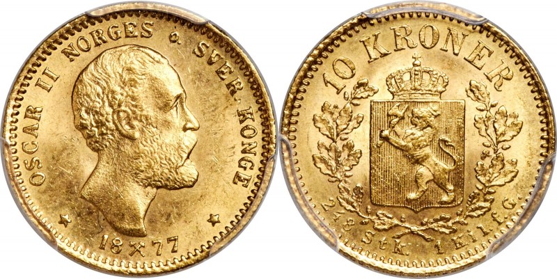 Oscar II gold 10 Kroner (2-1/2 Speciedaler) 1877 MS64+ PCGS, Kongsberg mint, KM3...