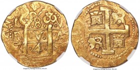 Philip V gold Cob 8 Escudos 1741 L-V AU55 NGC, Lima mint, KM38.2. 27.11gm. Well-centered for this often crude type, the surfaces pleasingly toned to a...