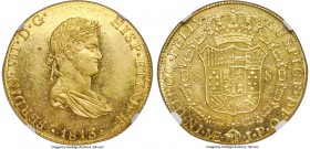 Ferdinand VII gold 8 Escudos 1813 LM-JP MS62+ NGC, Lima mint, KM124, Fr-50. Superb surfaces over a chiseled strike, fully lustrous and lightly reflect...