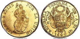 Republic gold 8 Escudos 1840 CUZCO-A MS61 NGC, Cuzco mint, KM148.3. Displaying a slight softness in the obverse strike, as typical for the issue, but ...