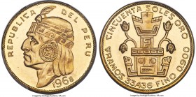 Republic gold "Inca" 50 Soles 1968 MS64 PCGS, Lima mint, KM219, Fr-77. Mintage: 300. A shimmering representative bordering on gem preservation. AGW 0....