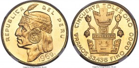 Republic gold "Inca" 50 Soles 1969 MS63 NGC, Lima mint, KM219, Fr-77. A low-mintage type that saw only 403 specimens struck. Choice, with flashy golde...