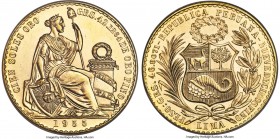 Republic gold 100 Soles 1955 MS66 PCGS, Lima mint, KM231. From a reported mintage of 901 pieces. Flashy and lustrous; the sole finest example at PCGS....