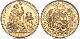 Republic gold 100 Soles 1959 MS65 PCGS, Lima mint, KM231. From a reported mintage of 4,710 pieces. Pale yellow surfaces abounding with watery luster. ...