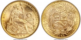 Republic gold 100 Soles 1964 MS67 PCGS, Lima mint, KM231. From a reported mintage of 11,000 pieces. Superb cartwheel luster, with nary a distracting m...