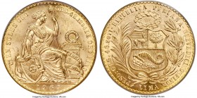 Republic gold 100 Soles 1965 MS65 PCGS, Lima mint, KM231. From a reported mintage of 23,000 pieces. Draped with a even coating of sun-yellow, quite fl...