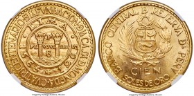 Republic gold "Lima Mint Anniversary" 100 Soles 1965 MS65 NGC, Lima mint, KM243. On the 400th Anniversary of the foundation of the Lima Mint. Pillars ...