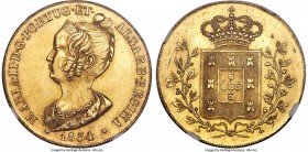 Maria II gold 6400 Reis (Peça) 1834 MS63 NGC, Lisbon mint, KM405, Fr-141. A premium example of this difficult one-year type, imbued with a slightly wa...