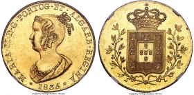 Maria II gold 6400 Reis (Peça) 1835 MS63+ NGC, Lisbon mint, KM407, Fr-141. A wonderful example of this scarce one-year type, with a reported mintage o...
